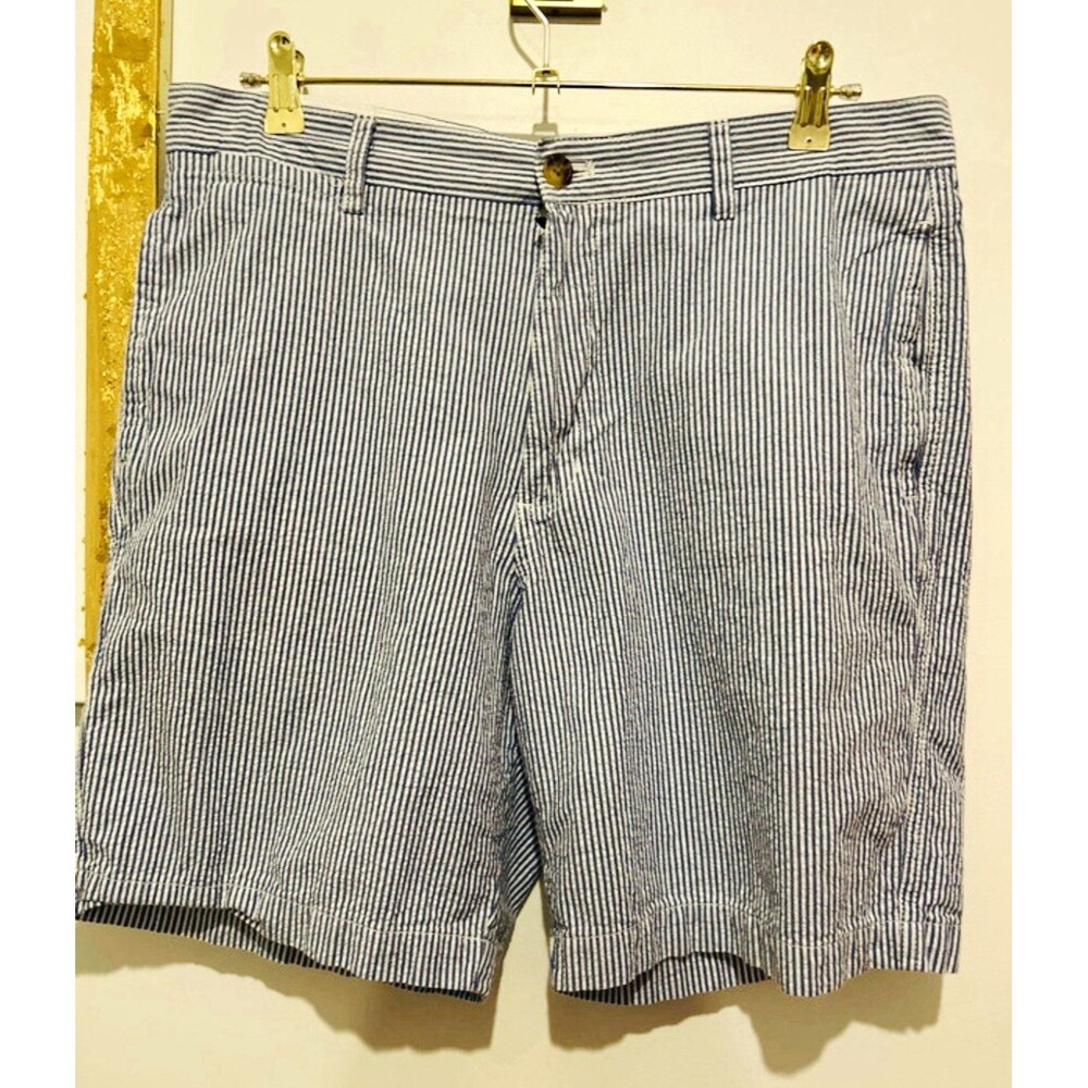 Chaps Blue/White Striped Seersucker Chino Shorts Flat Front Cotton Pockets